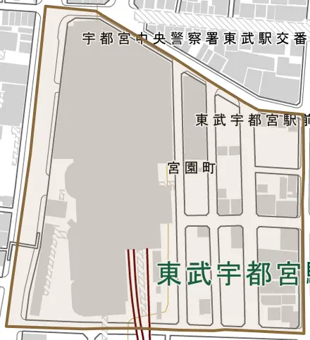宮園町とその周辺の地図。町の範囲を重ねている