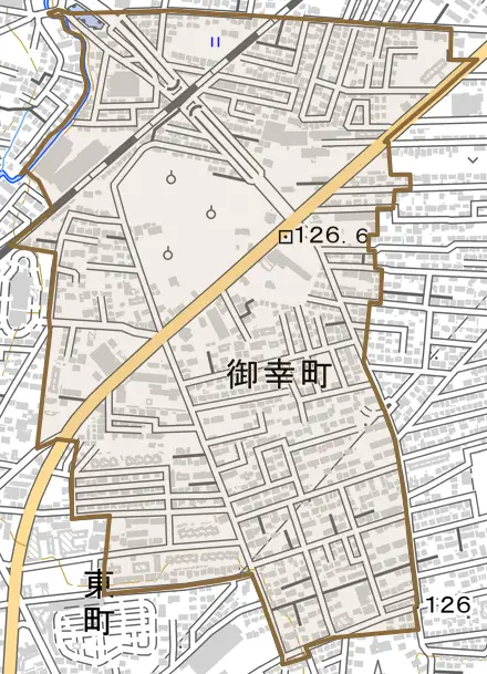 御幸町とその周辺の地図。町の範囲を重ねている