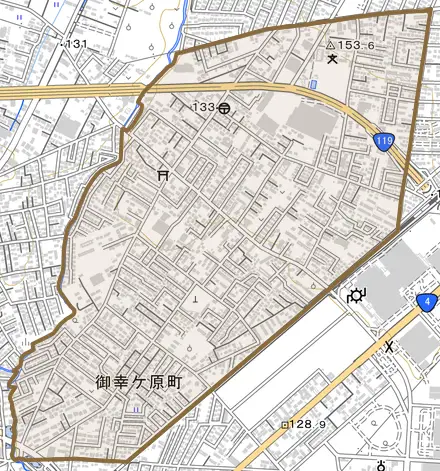 御幸ケ原町とその周辺の地図。町の範囲を重ねている