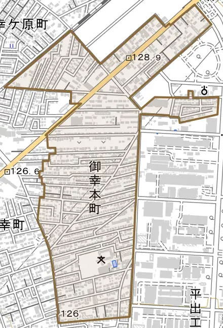 御幸本町とその周辺の地図。町の範囲を重ねている