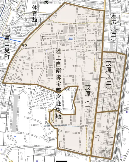 茂原とその周辺の地図。町の範囲を重ねている