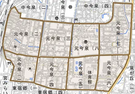 元今泉とその周辺の地図。町の範囲を重ねている