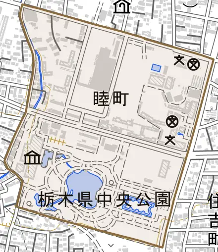 睦町とその周辺の地図。町の範囲を重ねている