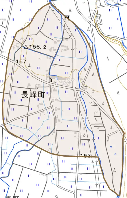 長峰町とその周辺の地図。町の範囲を重ねている