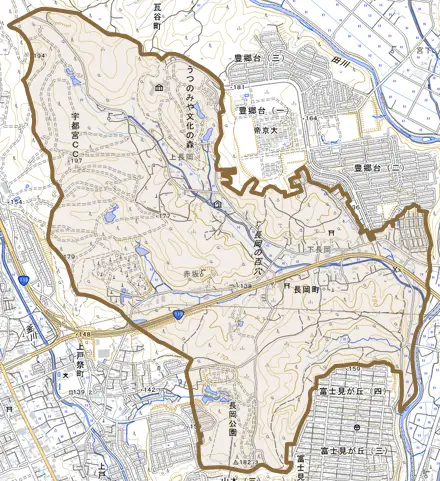 長岡町とその周辺の地図。町の範囲を重ねている