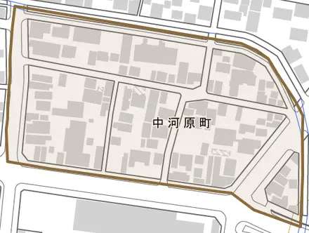 中河原町とその周辺の地図。町の範囲を重ねている