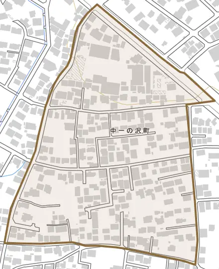 中一の沢町とその周辺の地図。町の範囲を重ねている