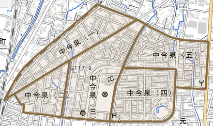 中今泉とその周辺の地図。町の範囲を重ねている