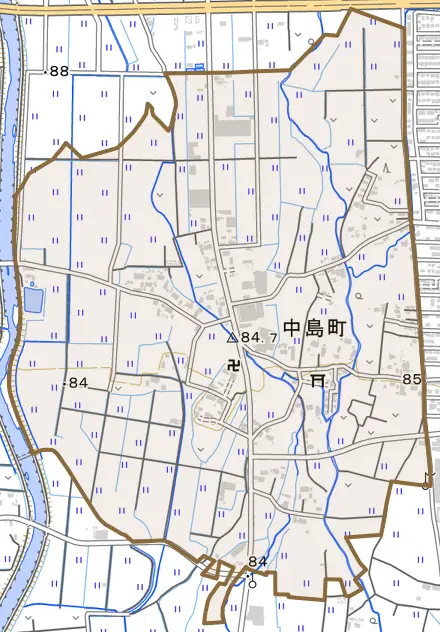 中島町とその周辺の地図。町の範囲を重ねている