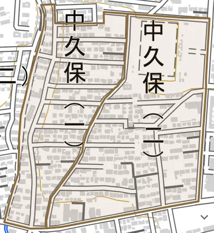 中久保とその周辺の地図。町の範囲を重ねている