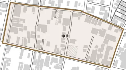 仲町とその周辺の地図。町の範囲を重ねている