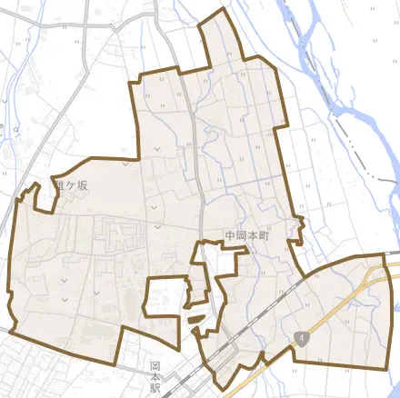 中岡本町とその周辺の地図。町の範囲を重ねている