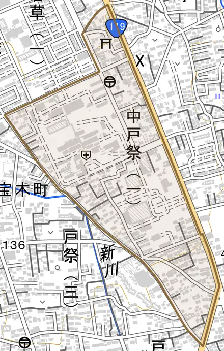 中戸祭とその周辺の地図。町の範囲を重ねている