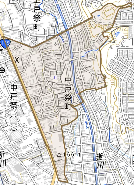 中戸祭町とその周辺の地図。町の範囲を重ねている