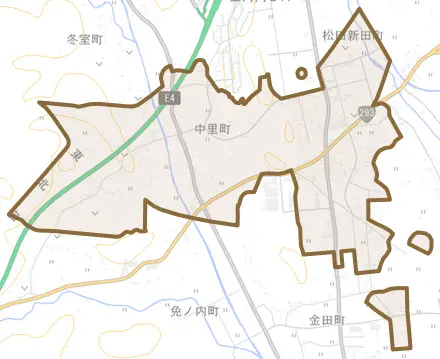 中里町とその周辺の地図。町の範囲を重ねている