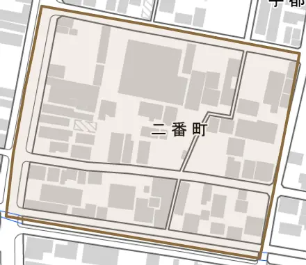 二番町とその周辺の地図。町の範囲を重ねている