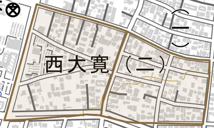 西大寛とその周辺の地図。町の範囲を重ねている