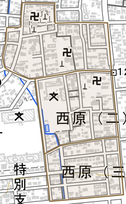 西原とその周辺の地図。町の範囲を重ねている