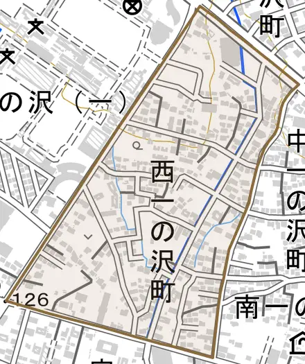 西一の沢町とその周辺の地図。町の範囲を重ねている