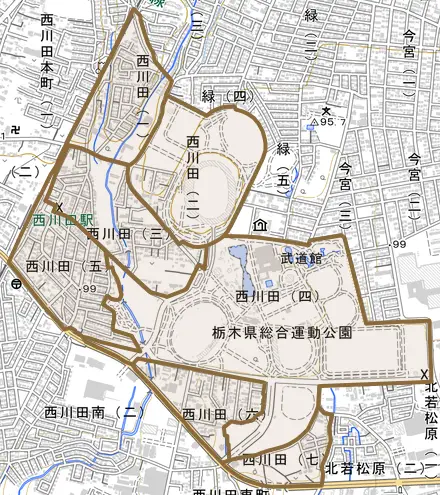西川田とその周辺の地図。町の範囲を重ねている