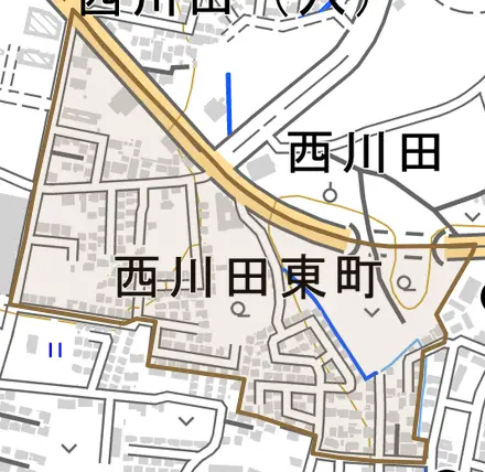西川田東町とその周辺の地図。町の範囲を重ねている