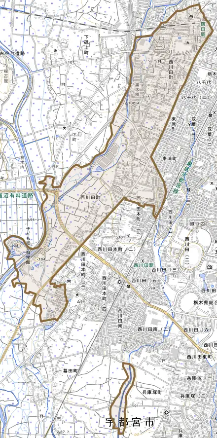 西川田町とその周辺の地図。町の範囲を重ねている