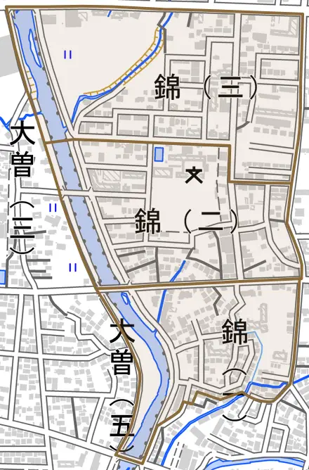 錦とその周辺の地図。町の範囲を重ねている