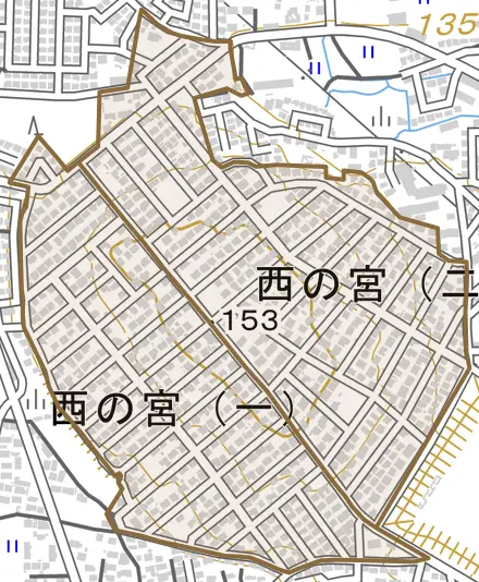 西の宮とその周辺の地図。町の範囲を重ねている