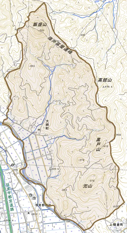 大網町とその周辺の地図。町の範囲を重ねている