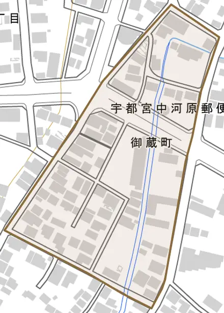 御蔵町とその周辺の地図。町の範囲を重ねている