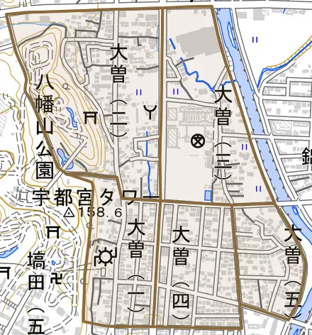 大曽とその周辺の地図。町の範囲を重ねている