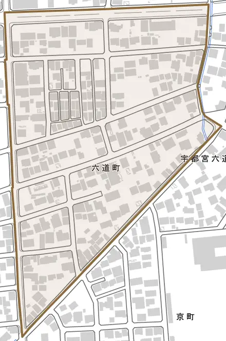 六道町とその周辺の地図。町の範囲を重ねている
