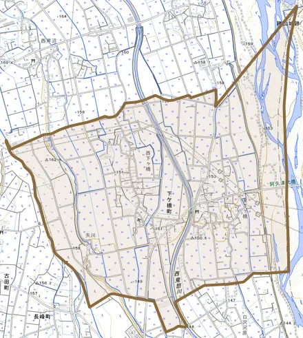 下ケ橋町とその周辺の地図。町の範囲を重ねている