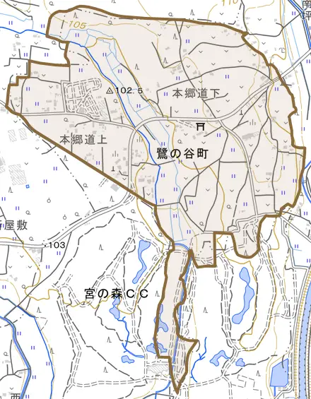 鷺の谷町とその周辺の地図。町の範囲を重ねている