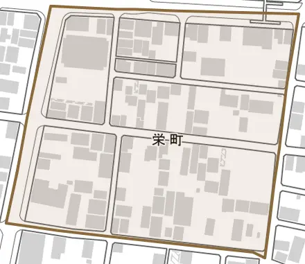 栄町とその周辺の地図。町の範囲を重ねている