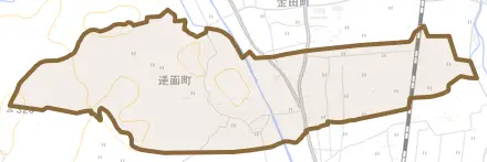 逆面町とその周辺の地図。町の範囲を重ねている