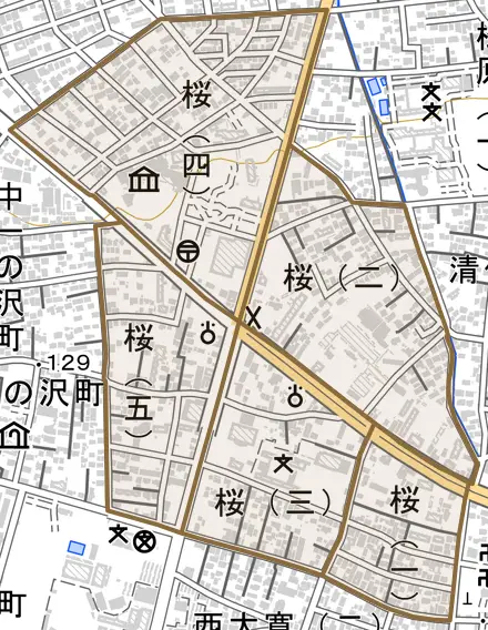 桜とその周辺の地図。町の範囲を重ねている