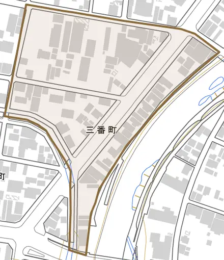 三番町とその周辺の地図。町の範囲を重ねている