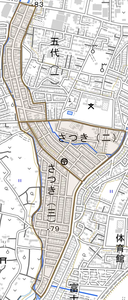さつきとその周辺の地図。町の範囲を重ねている