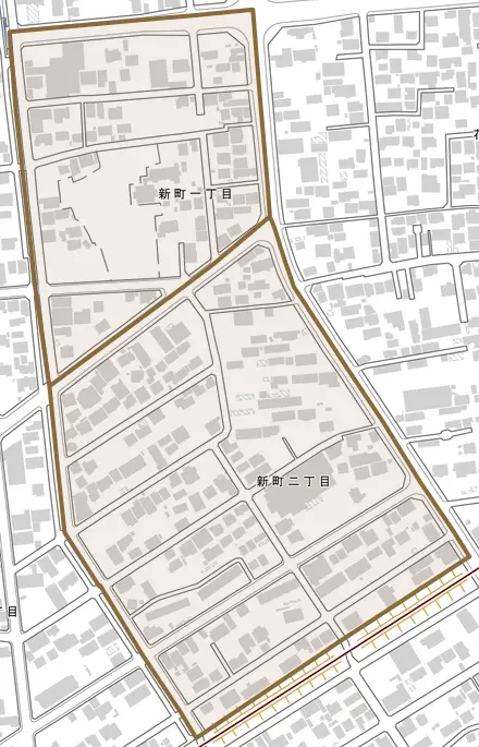 新町とその周辺の地図。町の範囲を重ねている