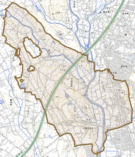 下荒針町とその周辺の地図。町の範囲を重ねている