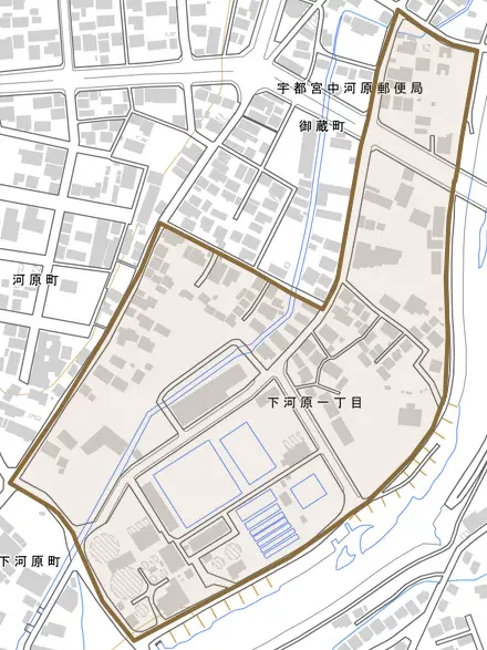 下河原とその周辺の地図。町の範囲を重ねている