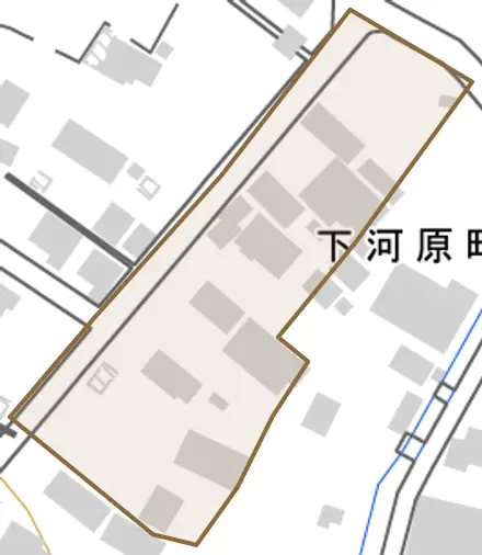 下河原町とその周辺の地図。町の範囲を重ねている