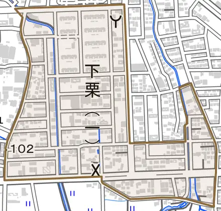下栗とその周辺の地図。町の範囲を重ねている