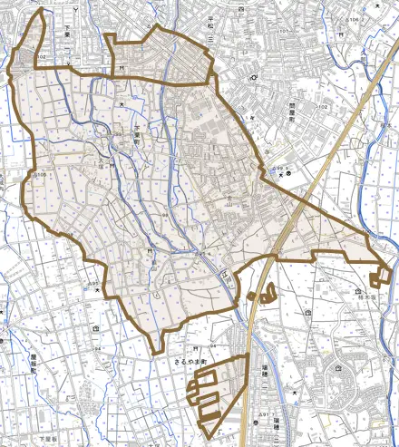 下栗町とその周辺の地図。町の範囲を重ねている
