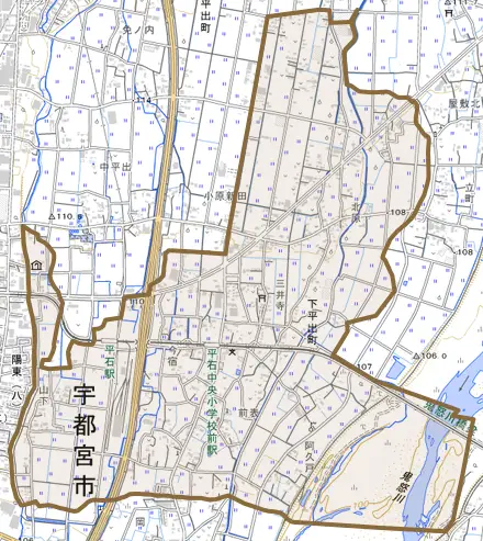 下平出町とその周辺の地図。町の範囲を重ねている