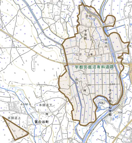 下欠町とその周辺の地図。町の範囲を重ねている