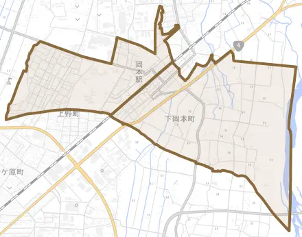 下岡本町とその周辺の地図。町の範囲を重ねている