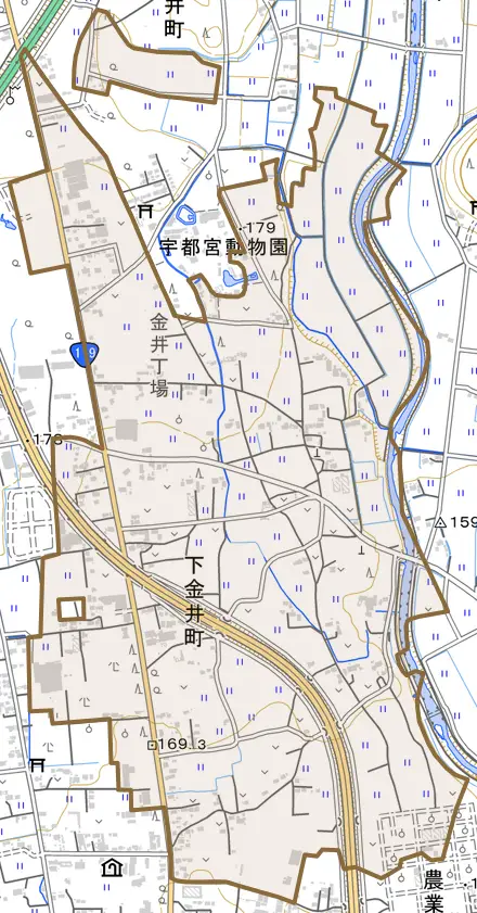 下金井町とその周辺の地図。町の範囲を重ねている