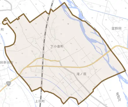 下小倉町とその周辺の地図。町の範囲を重ねている